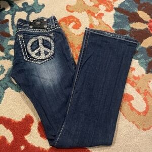 Miss Me Signature Dark Blue Flare Jeans with Peace Pocket -Rare !!$ 125